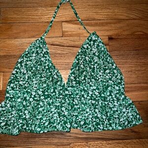 Halter green floral top with open back